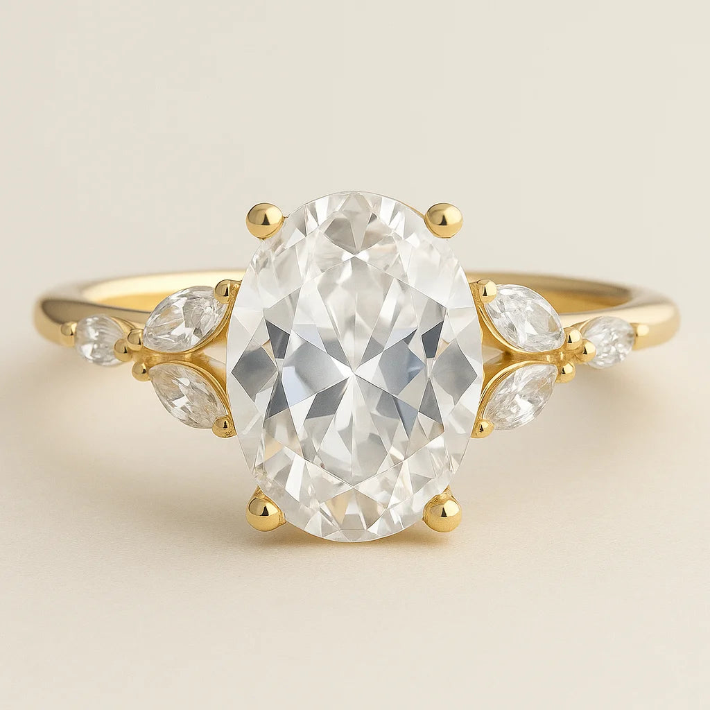 Gold Plated ring with a large diamond and smaller diamonds on a beige background