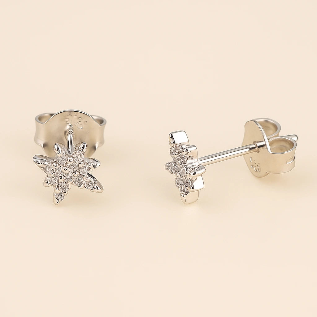 925 silver stud earrings with snow‑flower crystal cluster design