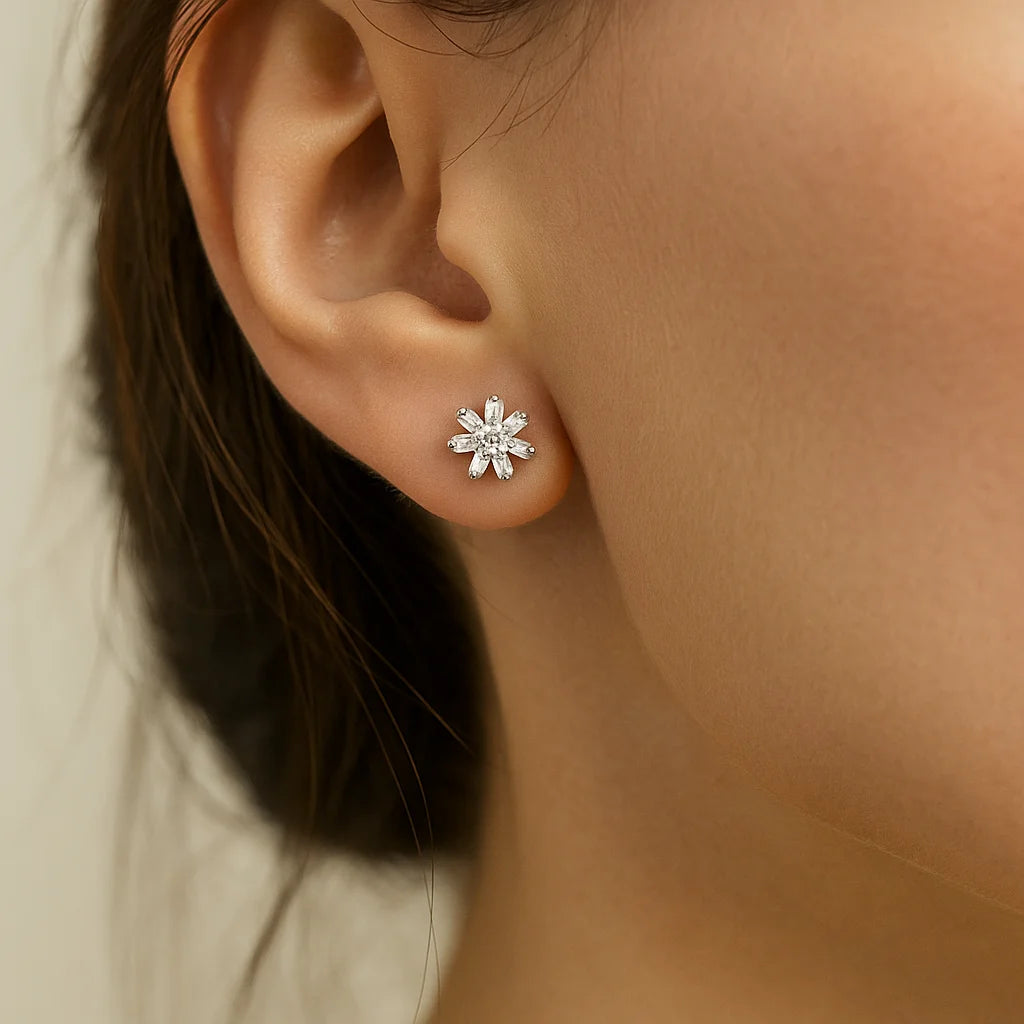 Close-up of an ear wearing a silver star-shaped earring with a blurred background