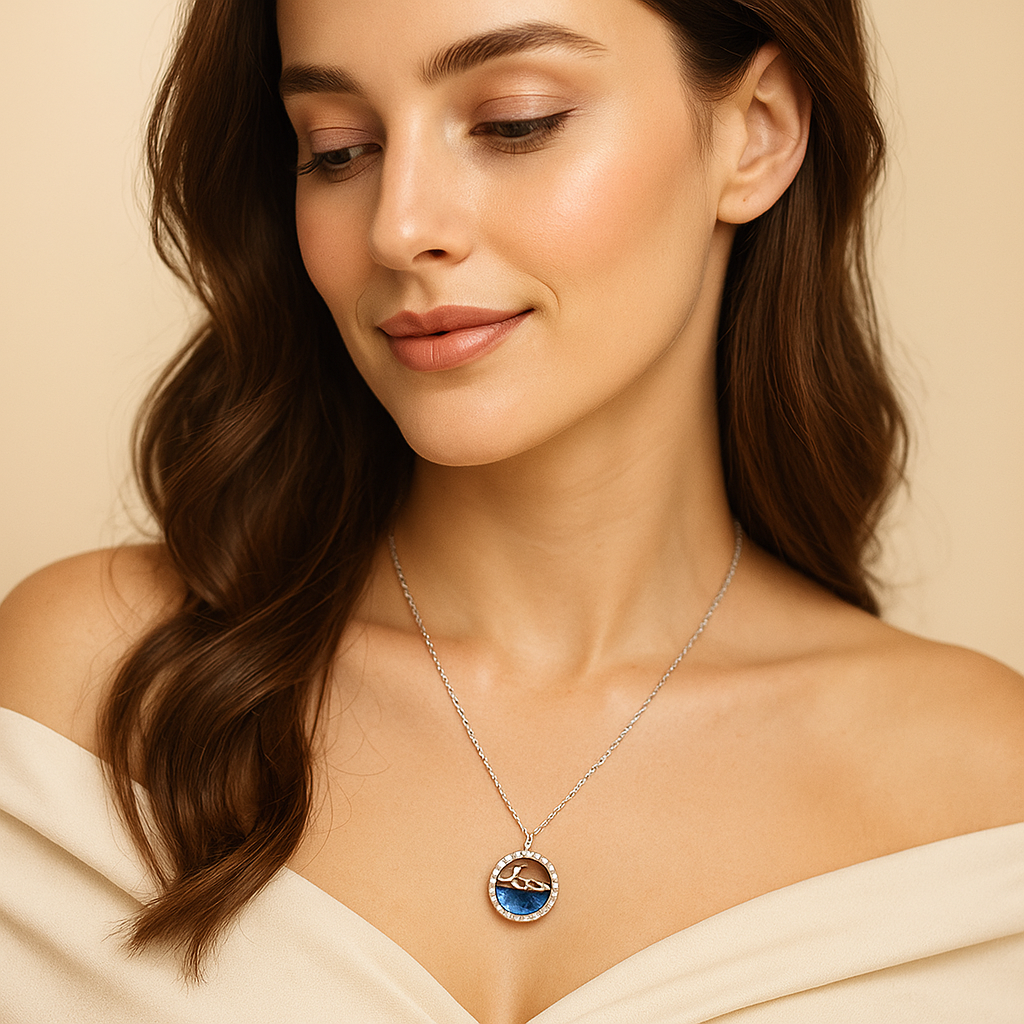 Woman wearing a necklace with a scenic pendant against a beige background