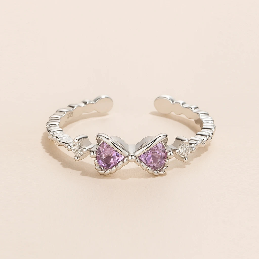925 silver adjustable bow ring with purple accent