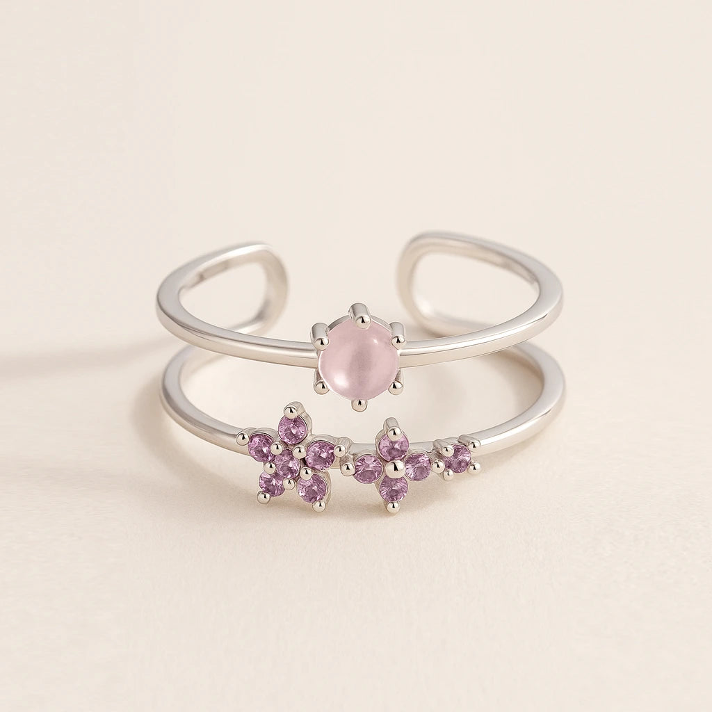 Geometric flower open ring made of 925 silver with adjustable open design