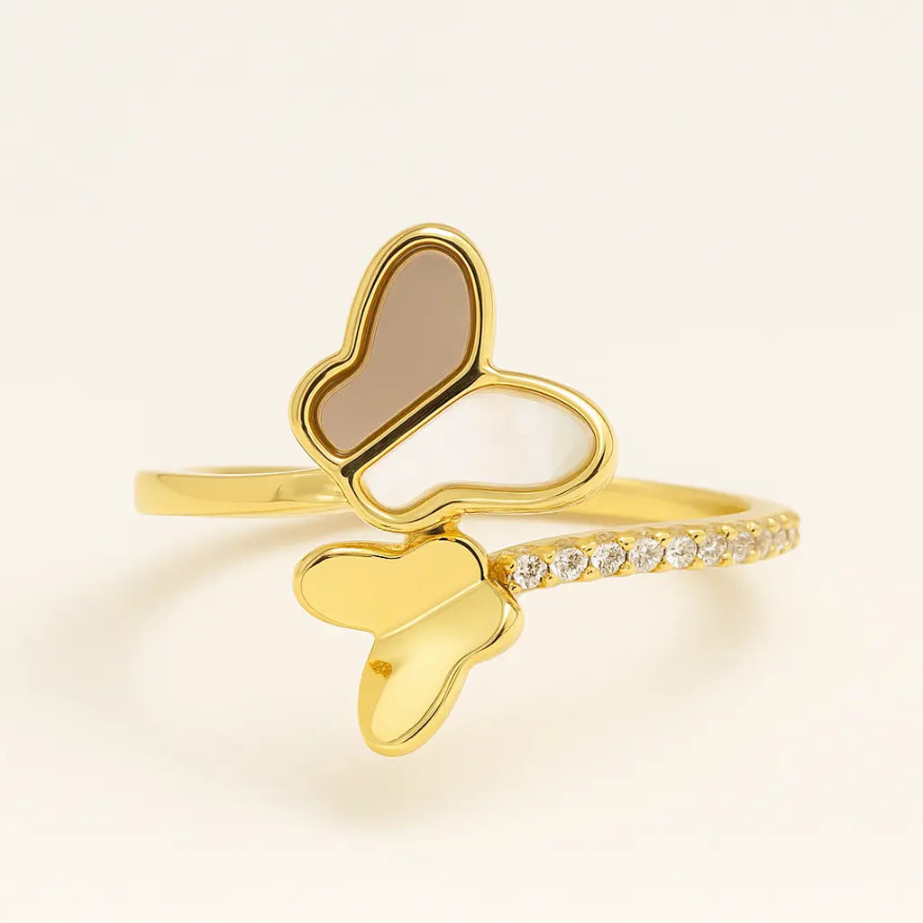 Elegant gold-plated butterfly ring with zircon accents and mother of pearl inlay on 925 silver