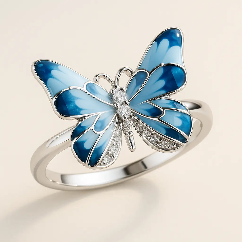 Elegant 925 silver ring featuring a blue butterfly with enamel wings and sparkling stone accents