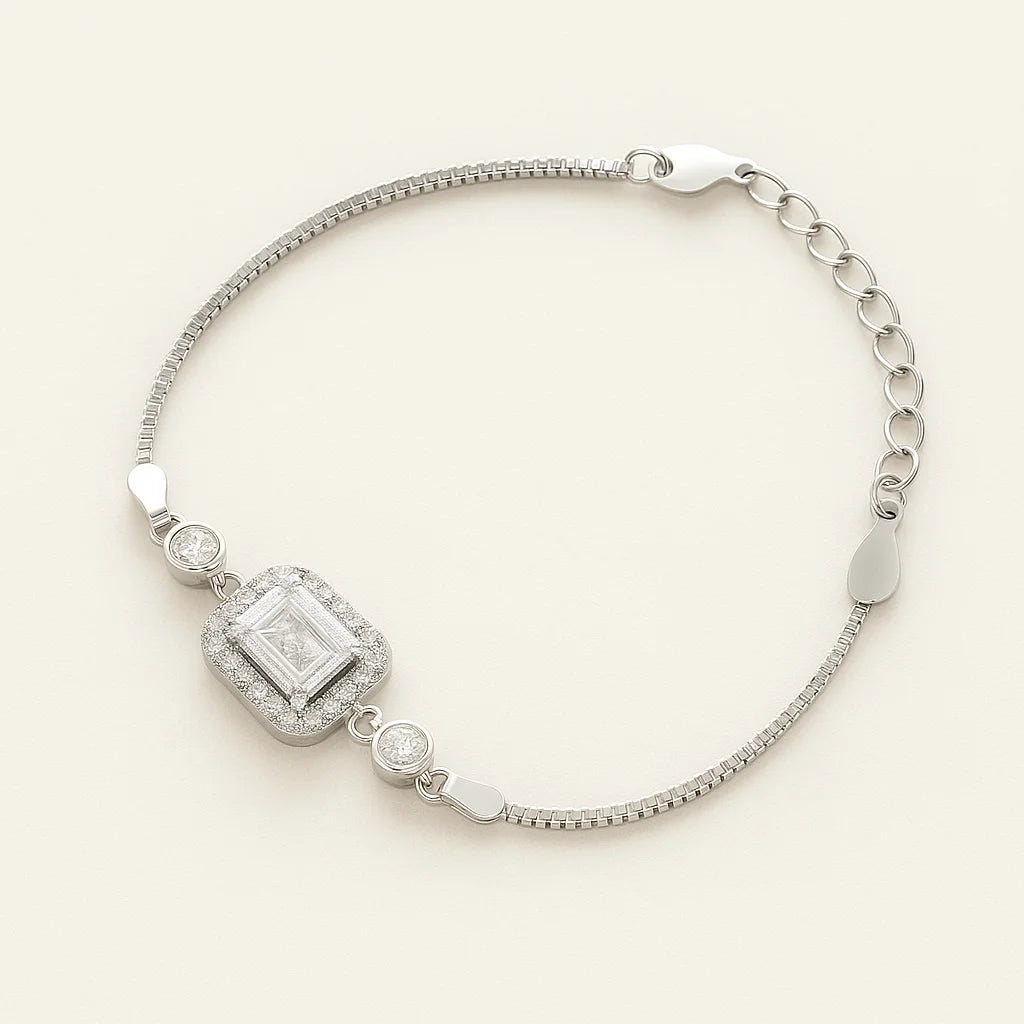 925 sterling silver bracelet featuring a rectangular pink zircon stone surrounded by smaller clear zircons.