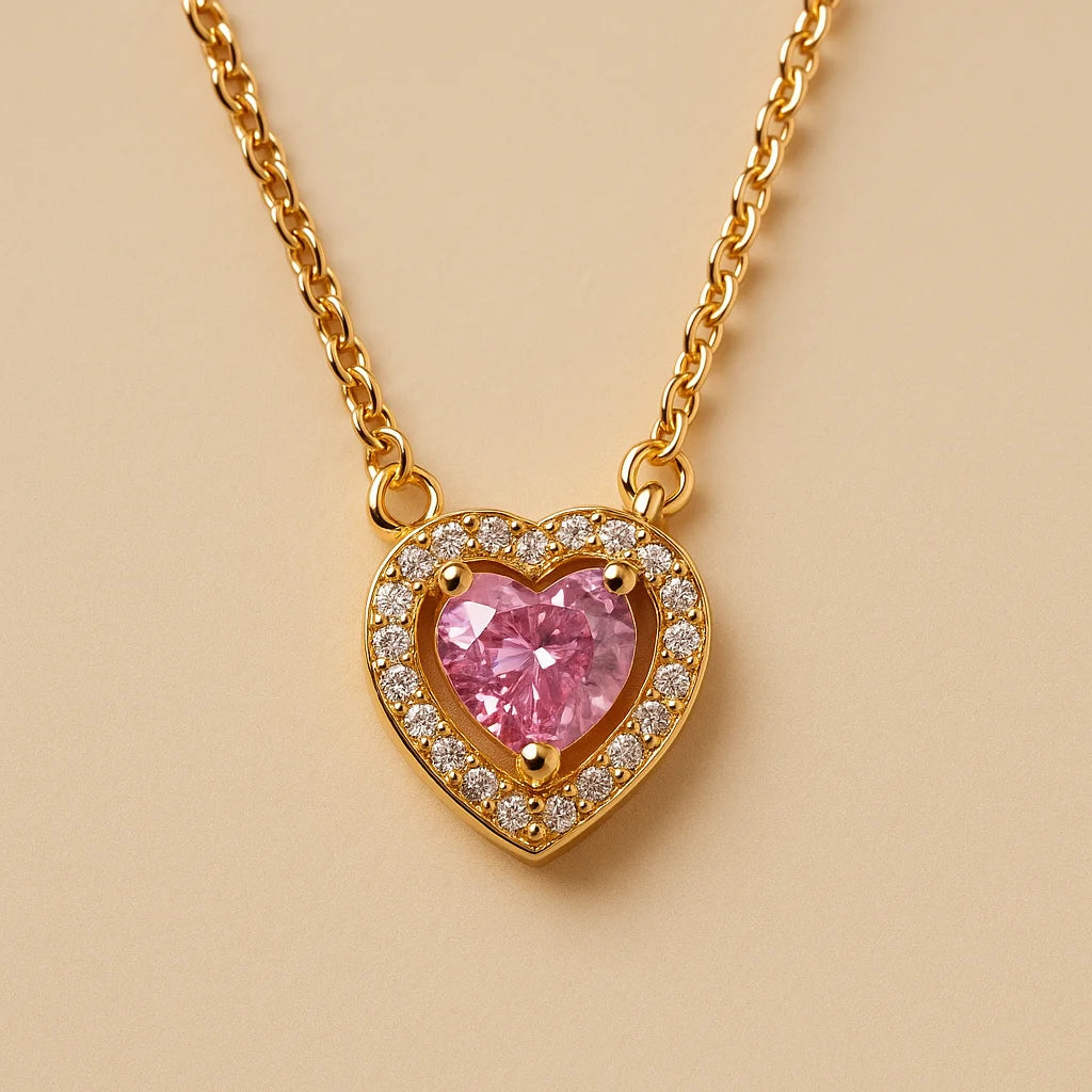A 925 sterling silver and a gold-plated necklace, each with a heart-shaped stone and a sparkling pavé halo.