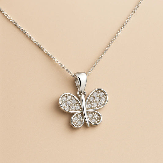 A beautiful sterling silver necklace with a butterfly pendant adorned with sparkling cubic zirconia pavé stones.