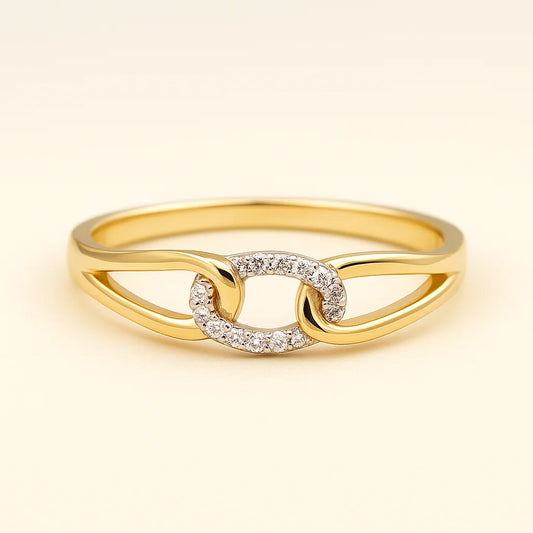 A gold-plated 925 sterling silver ring with interlocking links, one of which is paved with sparkling cubic zirconia.