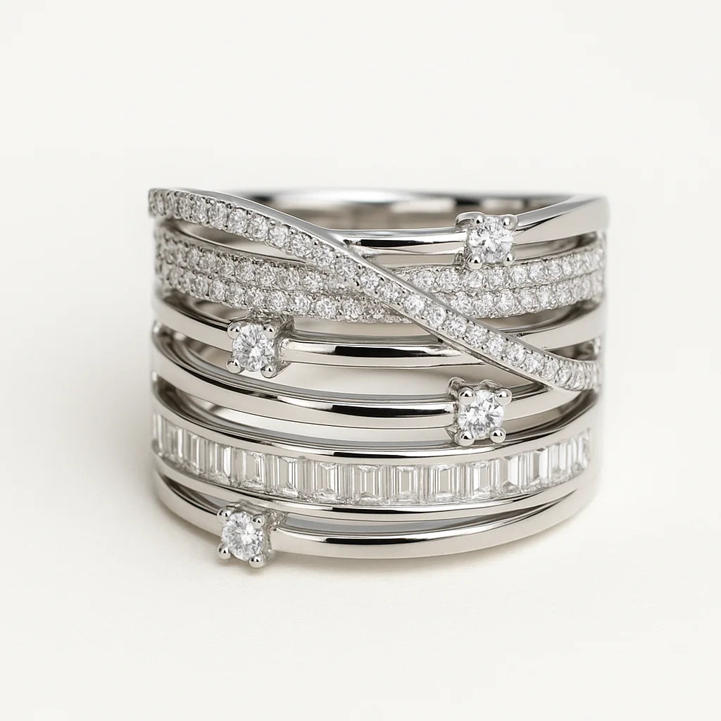 A wide 925 sterling silver ring with multiple bands, featuring a mix of baguette, round, and pavé-set cubic zirconia stones.