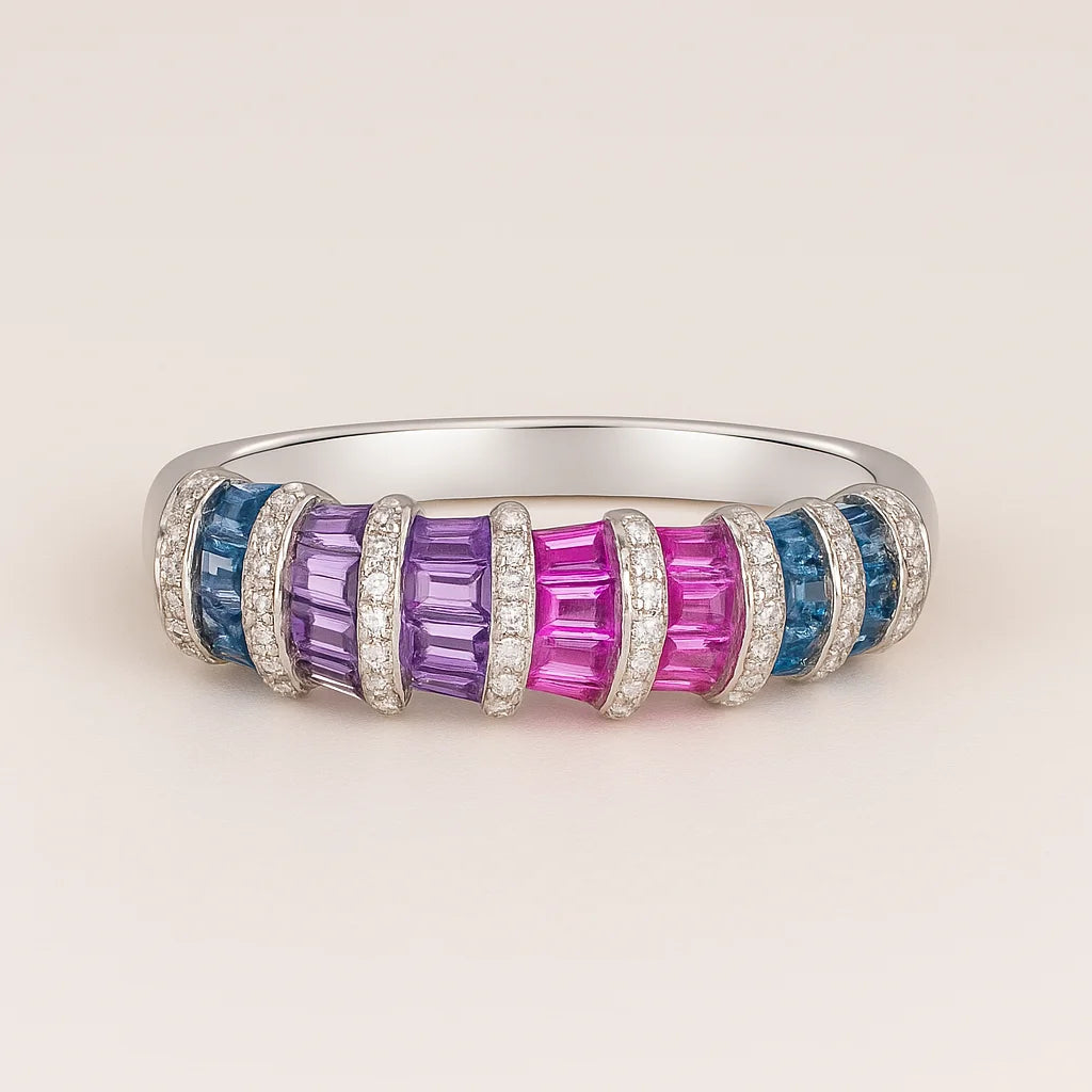 A 925 sterling silver ring with a central band of multicolored baguette-cut cubic zirconia stones flanked by pavé halos.