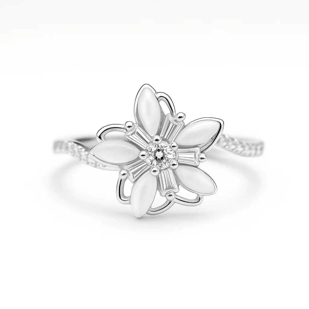 A 925 sterling silver and a gold-plated ring, each with a central flower made of mother-of-pearl, baguette, and pavé cubic zirconia.