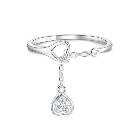 925 silver adjustable ring with two heart charms—one CZ-paved—connected by a fine dangling chain